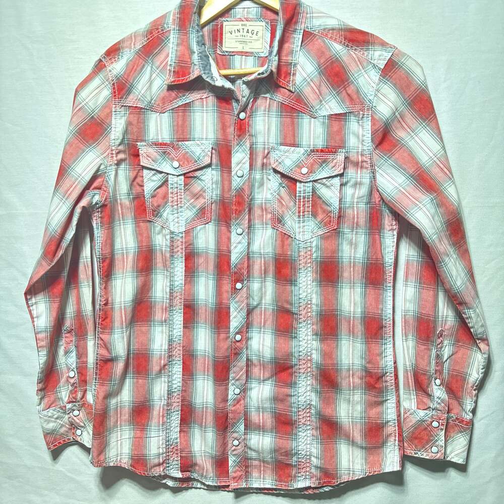 BKE Vintage Plaid Athletic Shirt-Men's Red Teal  PEARL SNAP BUTTON size L
